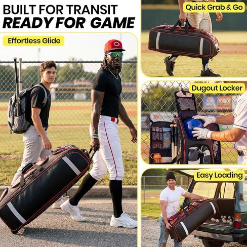 Fanwoli 100L Waterproof Rolling Catchers Gear Bag for Baseball Softball, Icon Shield Edition, Fits Full Set & 8 Bats, All-Terrain Wheels, Stand-Up Base, Vented Shoe Zone, Reflective Strip, Fence Hooks in Saudi Arabia