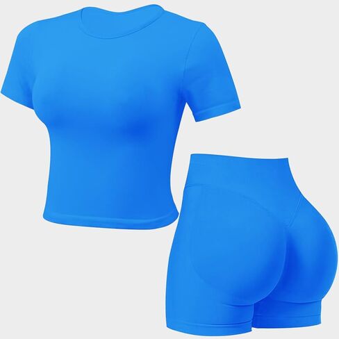 Seamless Workout Sets for Women 2 Piece Short Sleeve Tank Top Hidden Scrunch Shorts Yoga Outfits Gym Tracksuit in Kuwait