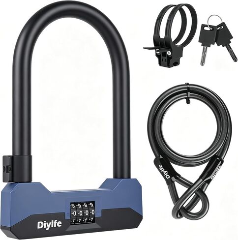 Diyife Bike U Lock شديد التحمل مضاد للسرقة مع كابل فولاذي بطول 5 أقدام، تكبل 18 مم، قفل دراجة عالي الأمان مكون من 4 أرقام مع مفتاحين ودعامة تثبيت للسكوتر الكهربائي، الدراجة الإلكترونية، الطريق، الدراجة النارية in Kuwait