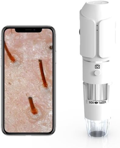 مجهر رقمي واي فاي 50X-1600X ديرماسكوب محمول مع كاميرا عالية الدقة 1080 بكسل، 8 مصابيح LED، اتصال USB لاسلكي محمول، بطارية قابلة لإعادة الشحن للتعليم والإصلاح والجمال والتحف in Kuwait