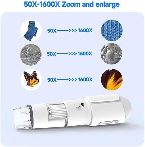 مجهر رقمي واي فاي 50X-1600X ديرماسكوب محمول مع كاميرا عالية الدقة 1080 بكسل، 8 مصابيح LED، اتصال USB لاسلكي محمول، بطارية قابلة لإعادة الشحن للتعليم والإصلاح والجمال والتحف in Kuwait