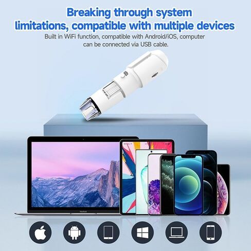 مجهر رقمي واي فاي 50X-1600X ديرماسكوب محمول مع كاميرا عالية الدقة 1080 بكسل، 8 مصابيح LED، اتصال USB لاسلكي محمول، بطارية قابلة لإعادة الشحن للتعليم والإصلاح والجمال والتحف in Kuwait