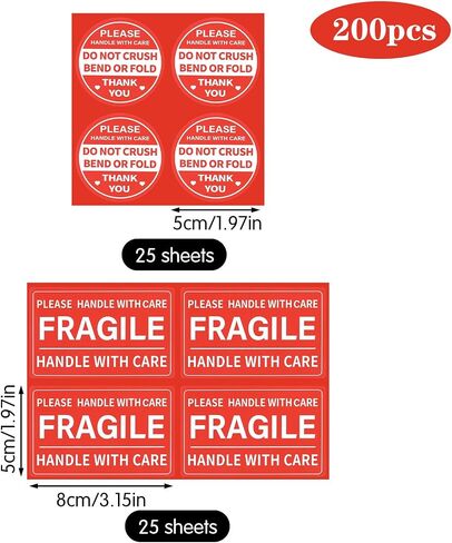 200Pcs Handle with Care Stickers, 3"x2" Rectangle & 2" Circle | Fragile Stickers for Moving,Do Not Crush Bend or Fold Shipping Labels for Boxes Mailing Envelopes Cartons Pallets in Kuwait