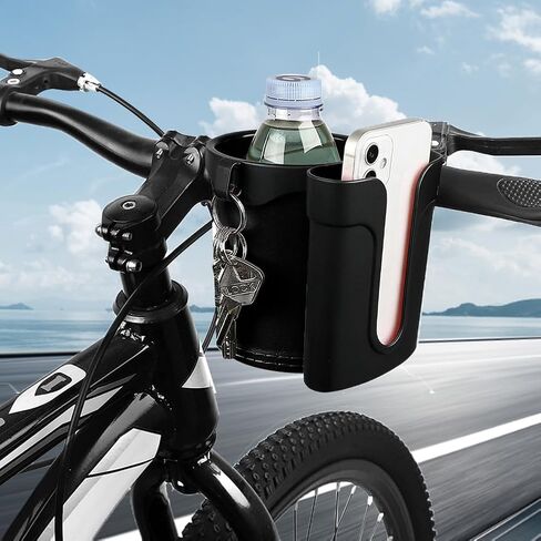 Bike Cup Holder & Phone Mount, 3-in-1 Waterproof Handlebar Drink Holder with Phone Mount ＆Cell Phon e Keys for E-Bike, Scooter, Stroller, Wheelchair (Black) in Saudi Arabia