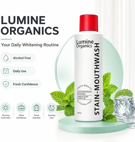 Lumine Organics Whitening Mouthwash, Stain Whitening Mouthwash Rinse for Fresh Breath & Cleaner Looking Teeth, Alcohol-Free Daily Oral Care Mouthwash, 8 fl oz (1 Pack) in Kuwait