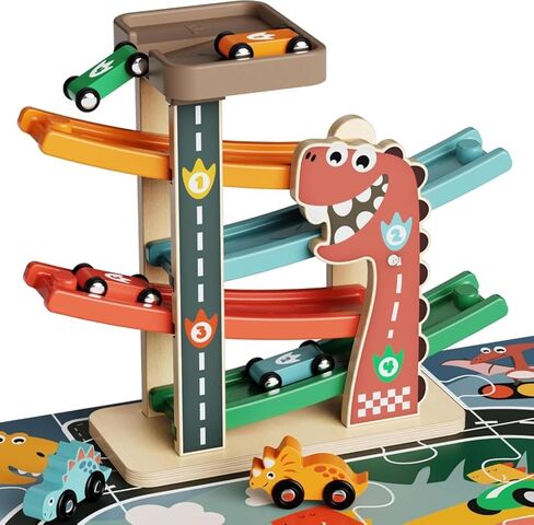 ألعاب Montessori لعمر واحد ، لعبة مسار منحدر للسيارات للأطفال الصغار 1-3 ، مسار سباق خشبي مع 4 سيارات صغيرة ، 2 سيارات الديناصور in Kuwait