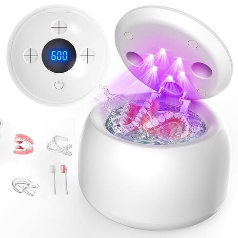 Ultrasonic Retainer Cleaner with UV Light - 45kHz Deep Cleaning Pod for Dentures, Aligners, Night Guards - Includes Cleaning Brush, 200ml Capacity (Snow-White) in Kuwait