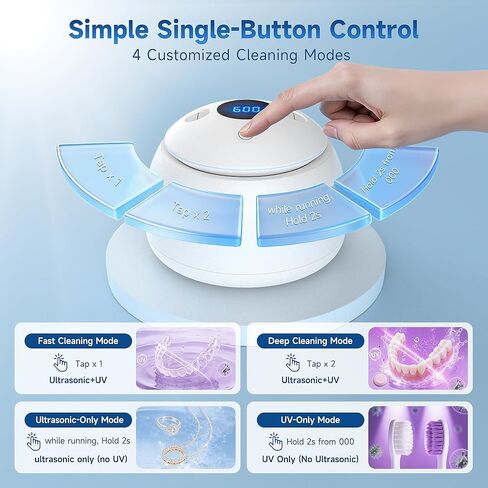 Ultrasonic Retainer Cleaner with UV Light - 45kHz Deep Cleaning Pod for Dentures, Aligners, Night Guards - Includes Cleaning Brush, 200ml Capacity (Snow-White) in Kuwait