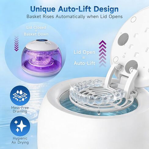 Ultrasonic Retainer Cleaner with UV Light - 45kHz Deep Cleaning Pod for Dentures, Aligners, Night Guards - Includes Cleaning Brush, 200ml Capacity (Snow-White) in Kuwait