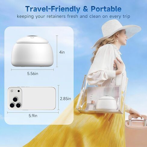 Ultrasonic Retainer Cleaner with UV Light - 45kHz Deep Cleaning Pod for Dentures, Aligners, Night Guards - Includes Cleaning Brush, 200ml Capacity (Snow-White) in Kuwait