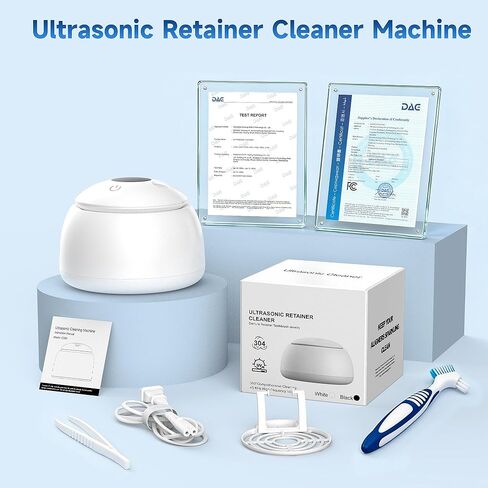 Ultrasonic Retainer Cleaner with UV Light - 45kHz Deep Cleaning Pod for Dentures, Aligners, Night Guards - Includes Cleaning Brush, 200ml Capacity (Snow-White) in Kuwait