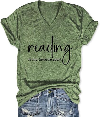 Reading is My Favorite Sport Shirts for Women, Funny Reading Teacher V-Neck Short Sleeve Casual Tops Graphic Tees in Kuwait