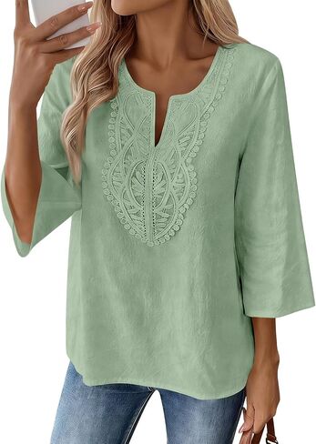 Linen Shirts for Women,2026 Summer 3/4 Sleeve V Neck Casual Loose Western Boho Lace Tops Blouse Beach Outfits in Kuwait