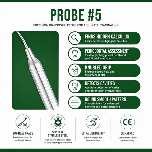 Medkraft Dental Probe No.5 Explorer - مجموعة من 3 - اختيار الأسنان للكشف عن الجير البلاك - أدوات تنظيف الأسنان - الفولاذ المقاوم للصدأ بدرجة جراحية - مقبض مخرش - أدوات طب الأسنان الاحترافية in Kuwait