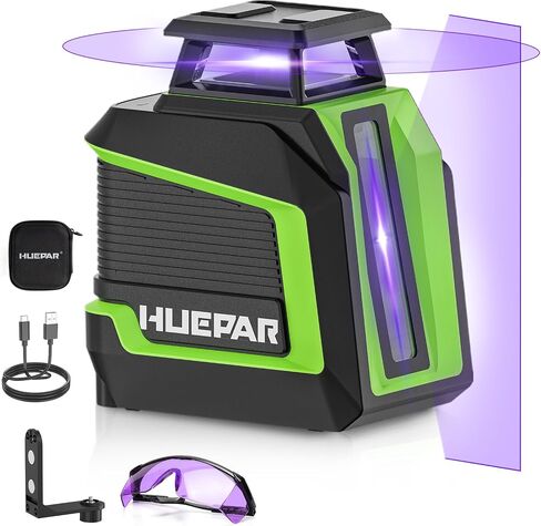Huepar 360° Laser Level, 82Ft - 165Ft Self Leveling Laser Level with Pulse Mode, 3 Brightness Levels Rechargeable Li-ion Battery Purple Line Laser Leveler Tool for DIY Indoor Project in Kuwait