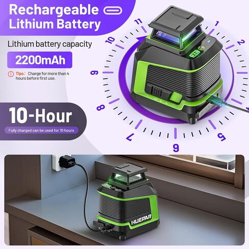 Huepar 360° Laser Level, 82Ft - 165Ft Self Leveling Laser Level with Pulse Mode, 3 Brightness Levels Rechargeable Li-ion Battery Purple Line Laser Leveler Tool for DIY Indoor Project in Kuwait