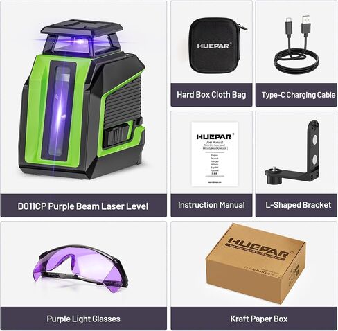 Huepar 360° Laser Level, 82Ft - 165Ft Self Leveling Laser Level with Pulse Mode, 3 Brightness Levels Rechargeable Li-ion Battery Purple Line Laser Leveler Tool for DIY Indoor Project in Kuwait