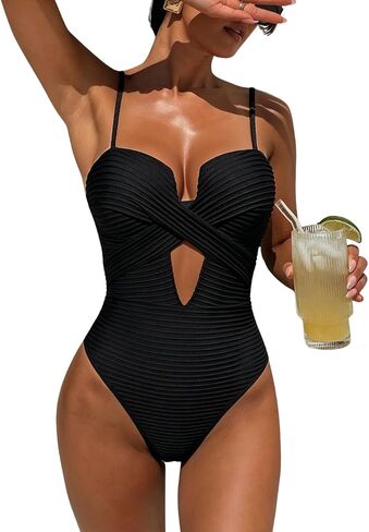 Women's Textured One Piece Swimsuit, Deep V Neck High Leg Bathing Suit, Tummy Control Monokini for Beach Pool Party in Kuwait
