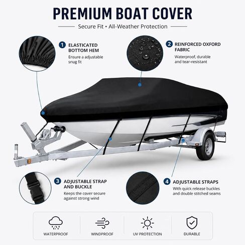 Heavy Duty Boat Cover for Tracker Bass Tracker Pro 17 1990–2026, Marine Grade Oxford Fabric, Trailerable UV-Resistant Speed Boat Cover with Elastic Hem & Adjustable Straps in Kuwait