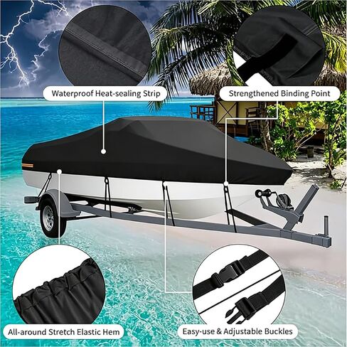 Heavy Duty Boat Cover for Tracker Bass Tracker Pro 17 1990–2026, Marine Grade Oxford Fabric, Trailerable UV-Resistant Speed Boat Cover with Elastic Hem & Adjustable Straps in Kuwait