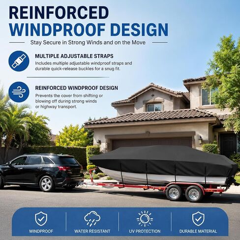 Heavy Duty Boat Cover for Tracker Bass Tracker Pro 17 1990–2026, Marine Grade Oxford Fabric, Trailerable UV-Resistant Speed Boat Cover with Elastic Hem & Adjustable Straps in Kuwait