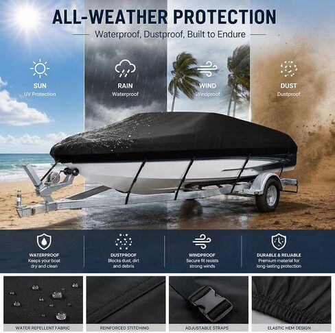 Heavy Duty Boat Cover for Tracker Bass Tracker Pro 17 1990–2026, Marine Grade Oxford Fabric, Trailerable UV-Resistant Speed Boat Cover with Elastic Hem & Adjustable Straps in Kuwait