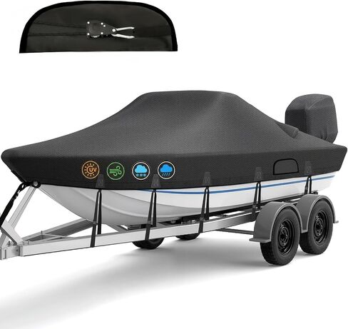 Ratchet Hurricane Proof Heavy Duty Waterproof Boat Cover, 16-18.5ft Mooring & Trailerable 1200D Bass Boat Cover with Motor Cover for Bass Tracker,Black in Kuwait