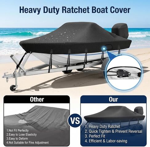 Ratchet Hurricane Proof Heavy Duty Waterproof Boat Cover, 16-18.5ft Mooring & Trailerable 1200D Bass Boat Cover with Motor Cover for Bass Tracker,Black in Kuwait