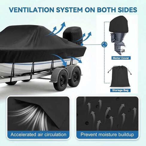 Ratchet Hurricane Proof Heavy Duty Waterproof Boat Cover, 16-18.5ft Mooring & Trailerable 1200D Bass Boat Cover with Motor Cover for Bass Tracker,Black in Kuwait