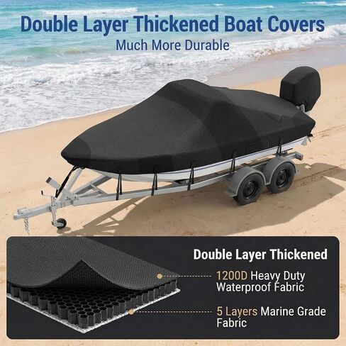 Ratchet Hurricane Proof Heavy Duty Waterproof Boat Cover, 16-18.5ft Mooring & Trailerable 1200D Bass Boat Cover with Motor Cover for Bass Tracker,Black in Kuwait