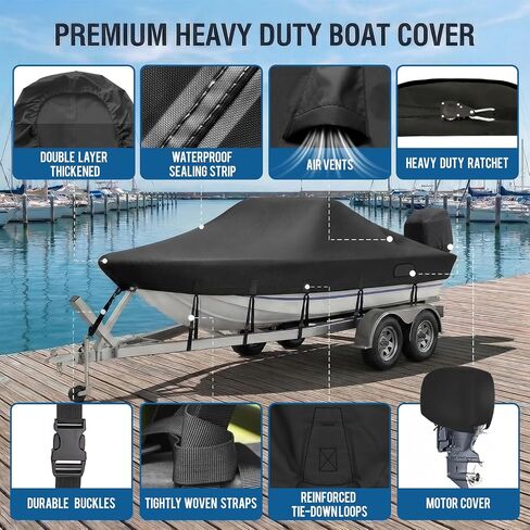 Ratchet Hurricane Proof Heavy Duty Waterproof Boat Cover, 16-18.5ft Mooring & Trailerable 1200D Bass Boat Cover with Motor Cover for Bass Tracker,Black in Kuwait