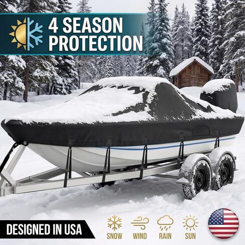 Ratchet Hurricane Proof Heavy Duty Waterproof Boat Cover, 16-18.5ft Mooring & Trailerable 1200D Bass Boat Cover with Motor Cover for Bass Tracker,Black in Kuwait