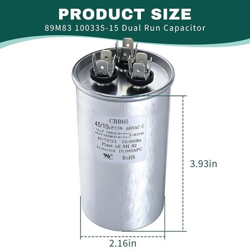 89M83 100335-15 Dual Run Capacitor Compatible with Lennox GE 45/10μF ±5% 440VAC 89M83 Capacitor for HVAC Capacitor for Air Conditioner Condenser Fan Motor and Compressor Replacement in Kuwait