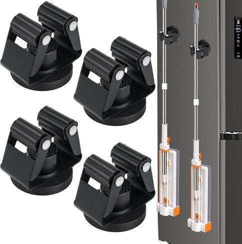 4PCS Magnetic Broom Mop Holder Wall Mount,No Drill Tool Organizer With Anti-Slip Rollers for Garage Kitchen RV Home Laundry Workshop, Anti-Rust Clips No Damage Installation (Black 4pcs) in Kuwait
