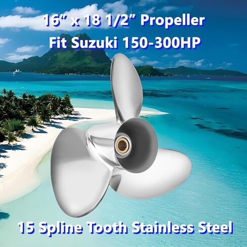 مروحة قارب خارجية من الفولاذ المقاوم للصدأ 16 × 18 1/2 لمحركات سوزوكي 150-300HP، 15 سنًا خددًا، 3 شفرات، 990C0-00810-185، متوافقة مع سوزوكي 150HP 175HP 200HP 225HP 250HP 300HP، RH in Kuwait