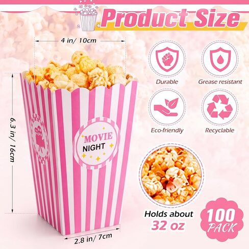 Vesici 100 Pcs Pink Movie Night Popcorn Containers Boxes Bulk 6.3 Inch Tall Large Pink Grease-proof Paper Buckets Bowls for Movie Nights Girls Night Party Carnival Party Decorations Favor Supplies in Kuwait