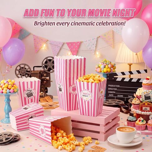 Vesici 100 Pcs Pink Movie Night Popcorn Containers Boxes Bulk 6.3 Inch Tall Large Pink Grease-proof Paper Buckets Bowls for Movie Nights Girls Night Party Carnival Party Decorations Favor Supplies in Kuwait