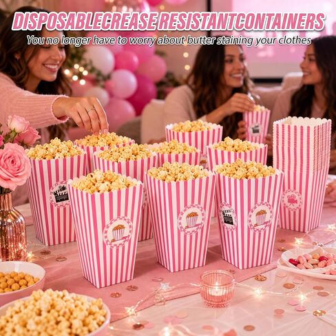 Vesici 100 Pcs Pink Movie Night Popcorn Containers Boxes Bulk 6.3 Inch Tall Large Pink Grease-proof Paper Buckets Bowls for Movie Nights Girls Night Party Carnival Party Decorations Favor Supplies in Kuwait