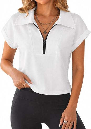 Hilinker Womens Half Zip Crop Top Workout Cap Sleeve Athletic Collared Polo Shirts in Kuwait