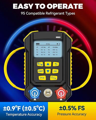 مجموعة قياس مشعب التيار المتردد الرقمي LM160، جهاز اختبار تبريد HVAC 3 في 1 مع اختبار تسرب الضغط/اختبار الفراغ/وضع التبريد، مجسات درجة الحرارة المزدوجة لتكييف السيارة وإصلاح التبريد التجاري in Kuwait