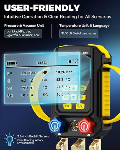 مجموعة قياس مشعب التيار المتردد الرقمي LM160، جهاز اختبار تبريد HVAC 3 في 1 مع اختبار تسرب الضغط/اختبار الفراغ/وضع التبريد، مجسات درجة الحرارة المزدوجة لتكييف السيارة وإصلاح التبريد التجاري in Kuwait