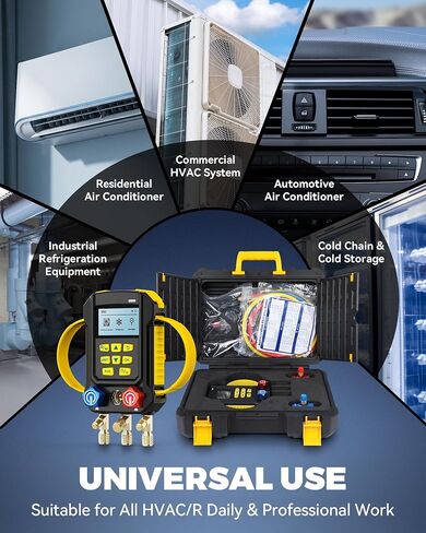 مجموعة قياس مشعب التيار المتردد الرقمي LM160، جهاز اختبار تبريد HVAC 3 في 1 مع اختبار تسرب الضغط/اختبار الفراغ/وضع التبريد، مجسات درجة الحرارة المزدوجة لتكييف السيارة وإصلاح التبريد التجاري in Kuwait