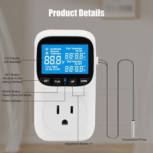 Digital Thermostat Outlet , 15A 1800W Digital Temperature Controller Plug in Heating Cooling Control Timer -40℉-210℉,for Greenhouse, Incubation, Homebrewing（Blue LCD） in Kuwait