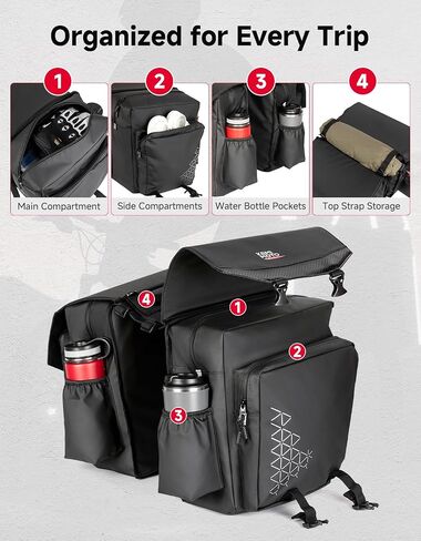 KEMIMOTO Bike Panniers 30L, Flip-Top & Zip Closure Bicycle Saddle Bag Storage with PVC Material & Waterproof Rain Cover, Rear Ebike Saddlebag Accessories for Grocery, Commuting, Travel in Kuwait