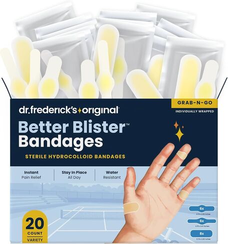 Dr. Frederick's Original Better Blister Bandages — Water-Resistant Hydrocolloid Bandages for Fingers and Hands, 3-Shape Grab-N-Go Variety Pack for Blisters, Cuts, Calluses & Abrasions, 20 Count in Kuwait