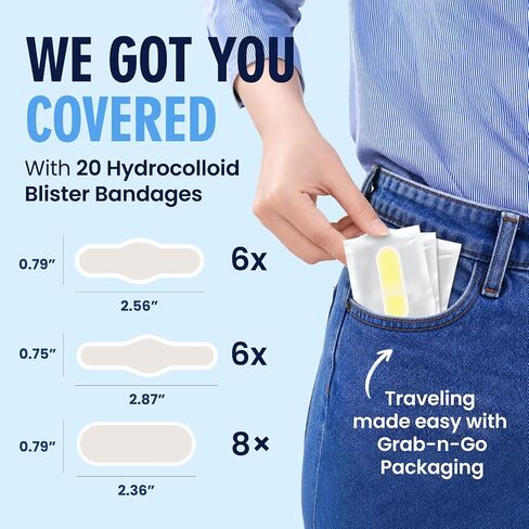 Dr. Frederick's Original Better Blister Bandages — Water-Resistant Hydrocolloid Bandages for Fingers and Hands, 3-Shape Grab-N-Go Variety Pack for Blisters, Cuts, Calluses & Abrasions, 20 Count in Kuwait