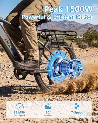 Electric Bike for Adults,26" Mountain Ebike with 48V 12Ah Removable Battery,1500W Peak Motor Up to 25MPH 65 Miles Range,7 Speed Electric Bicycles with Rear Rack for City Cruiser Commuter in Kuwait