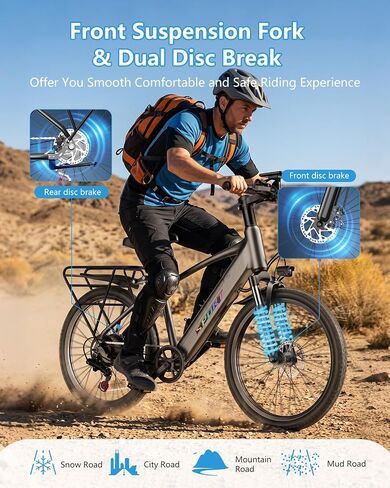 Electric Bike for Adults,26" Mountain Ebike with 48V 12Ah Removable Battery,1500W Peak Motor Up to 25MPH 65 Miles Range,7 Speed Electric Bicycles with Rear Rack for City Cruiser Commuter in Kuwait