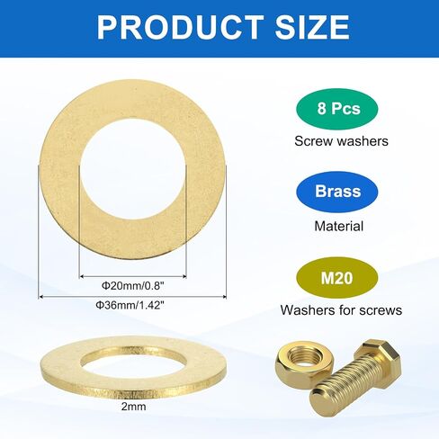 MECCANIXITY 8 Pack Brass Flat Washer, M20 Copper Washers Crush Washer Kit Assortment, 20mm ID, 36mm OD, 2mm Thick for Bolts Screws Machinery Repair, Outdoor Construction in Kuwait