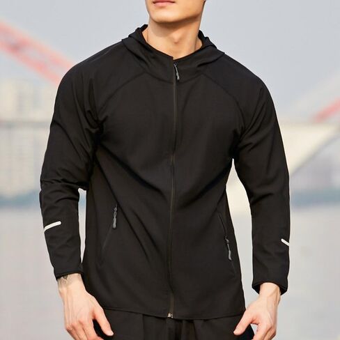 Unisex Full Zip Hooded Athletic Jacket Lightweight Spring Fall Running Coat With Reflective Stripes Side Zip Pockets in Kuwait